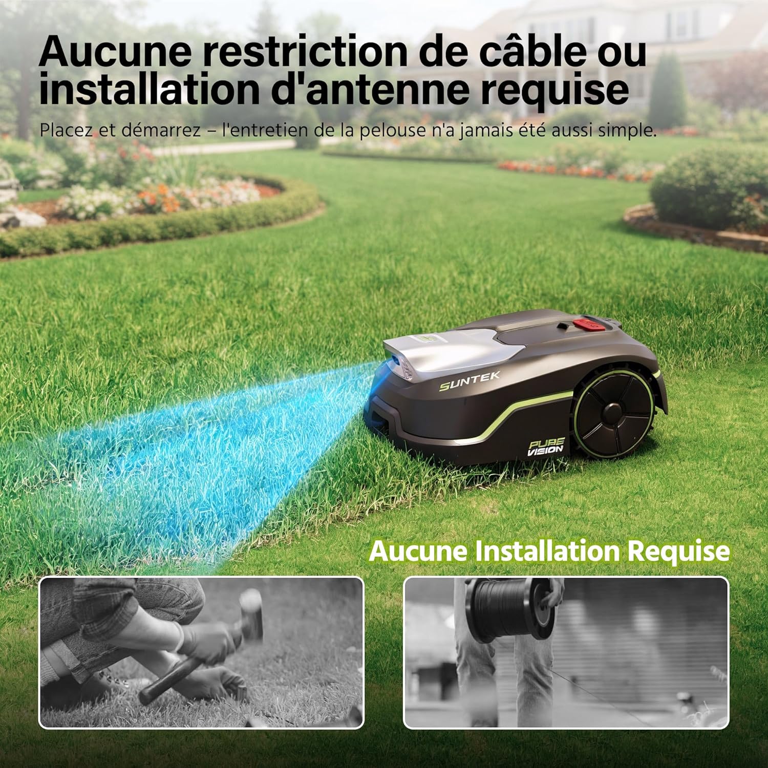 Suntek - robot tondeuse IA Vision - 500m² - pente 35°, IPX5, app, garage