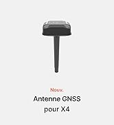 Le texte indique « Nouvelle Antenne GNSS pour X4 ». Image technique du produit montrant des composants de matériel de montage noirs avec des attaches métalliques sur fond blanc.