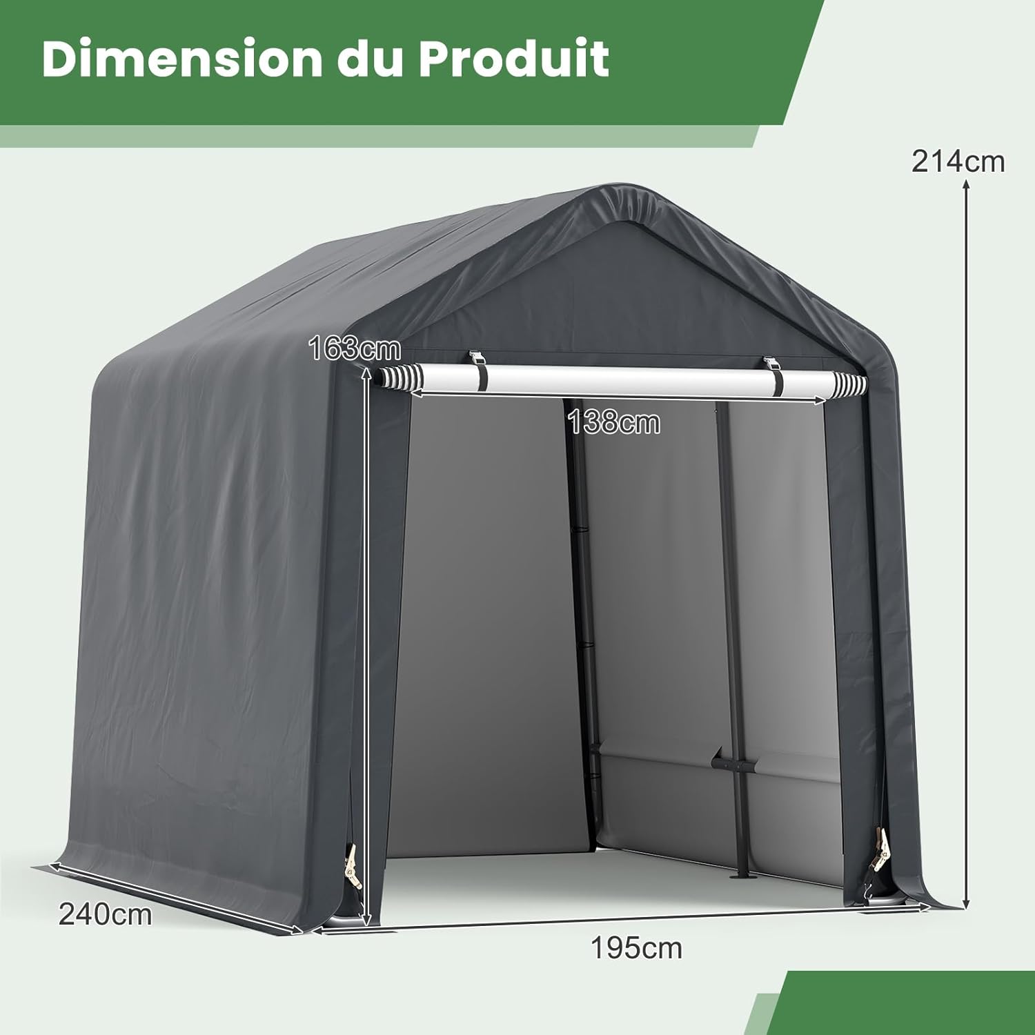 COSTWAY Abri de Vélos Extérieur de 240 x 195 x 214 cm, Abri de Garage Portable pour Motos Housse Imperméable avec Porte à Fermeture Éclair Enroulable, Tente de Rangement pour Jardin Cour
