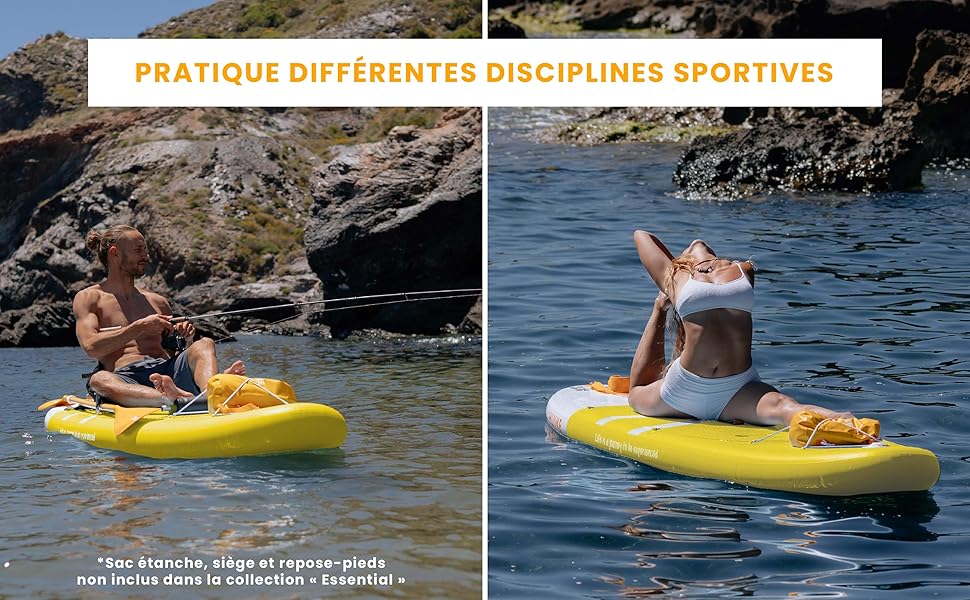 Image à deux panneaux de personnes sur des paddleboards gonflables jaunes. La gauche montre une pagaie assise, la droite montre une flottaison détendue. Le texte indique les différentes activités de sports nautiques.