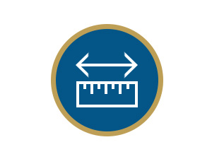 Icône circulaire bleue avec bordure dorée avec un symbole de règle et une flèche à deux pointes, indiquant la fonctionnalité de mesure ou de dimensionnement