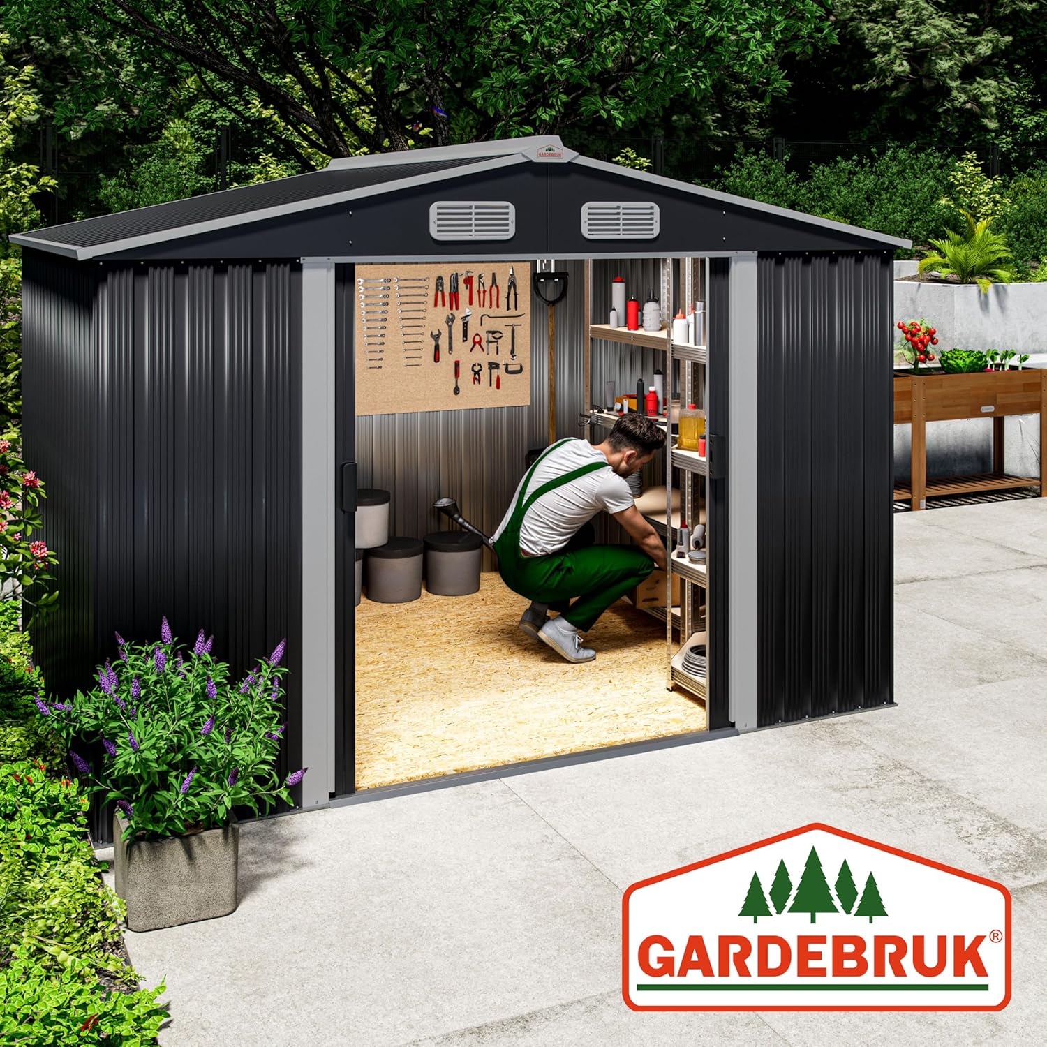 Abri jardin métal XXL - 260x205x180cm - Porte coulissante, fondation, rangement outils -  GARDEBRUK