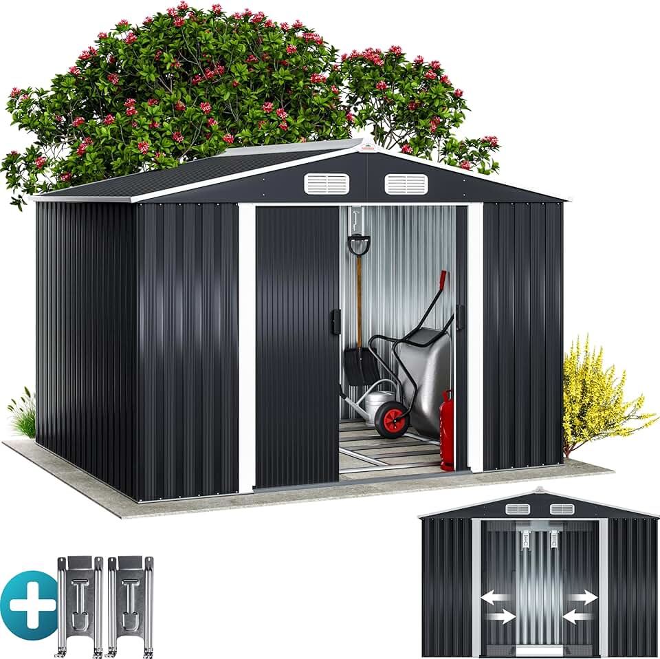 Abri jardin métal XXL - 260x205x180cm - Porte coulissante, fondation, rangement outils -  GARDEBRUK