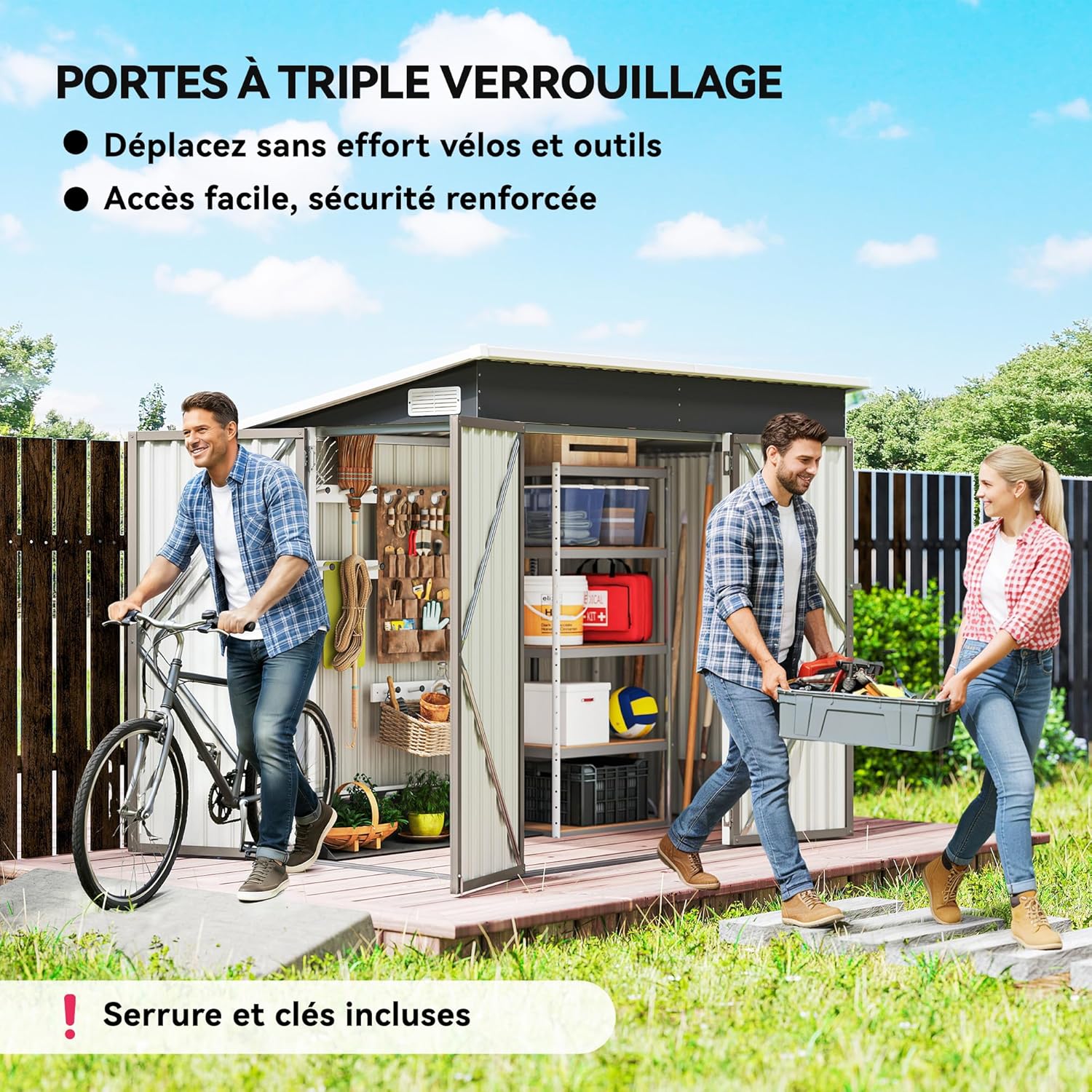 Abri de jardin métal - 234x132x185 cm - triple porte, toit incliné, aérations