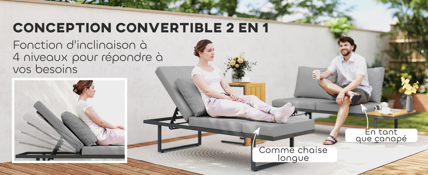 Le texte indique « CONCEPTION CONVERTIBLE 2 EN 1 ». Série d'images de produits montrant un appareil hybride entre ordinateur portable et tablette dans différentes positions et différents cas d'utilisation.