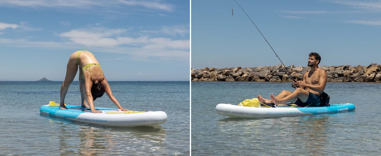 Séquence de photos de sports nautiques montrant des activités de planche à pagaie ou de surf dans des eaux bleues claires.