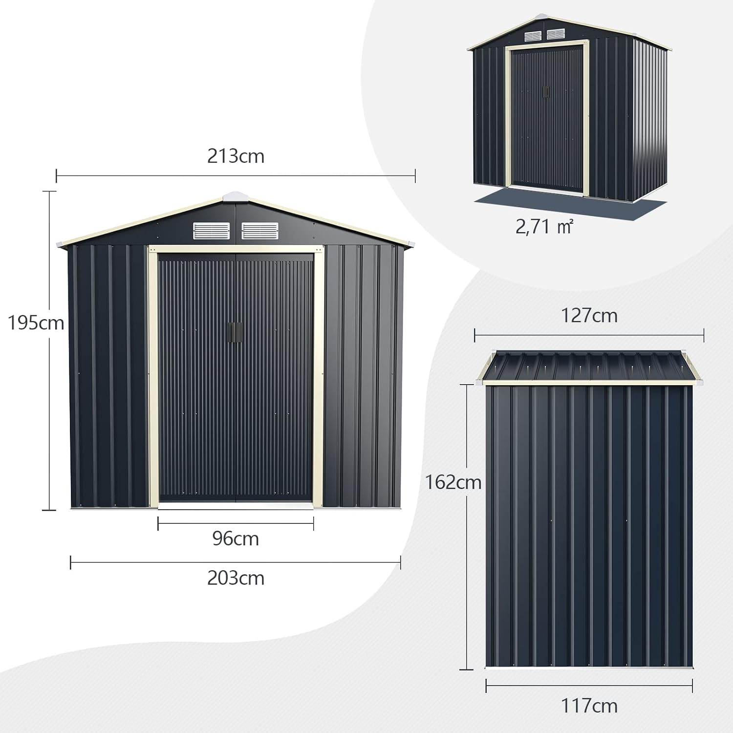COSTWAY - Abri de Jardin Métal - 213,5x127x194,5cm - 2 portes coulissantes, toit incliné, 4 aérations