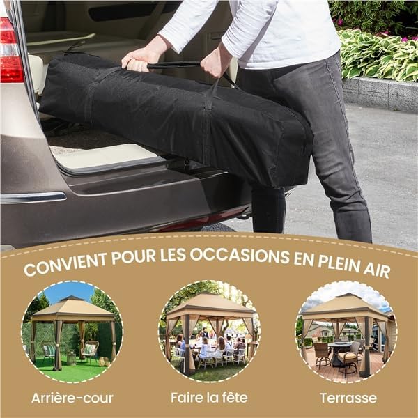 Yaheetech - tonnelle jardin série kaki/brun - 3,3x3,3m - moustiquaires, toile imperméable