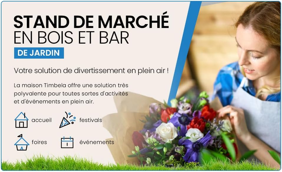 TIMBELA M150 Maison de Jardin en Bois – Étal de Marché avec Comptoir, L336xP263xH232 cm / 6 m², Facile à Monter et à Démonter, Bar Jardin, Abri Multifonctionnel