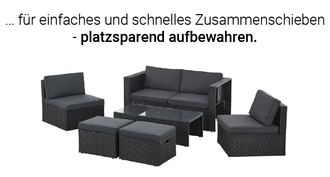 Ensemble de mobilier d'extérieur modulaire en gris foncé, comprenant un canapé, des chaises et une table. Le texte indique un assemblage facile et un rangement peu encombrant