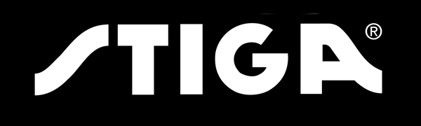 White STIGA logo on a black background. The logo features stylized capital letters with a distinctive curved 'S'.