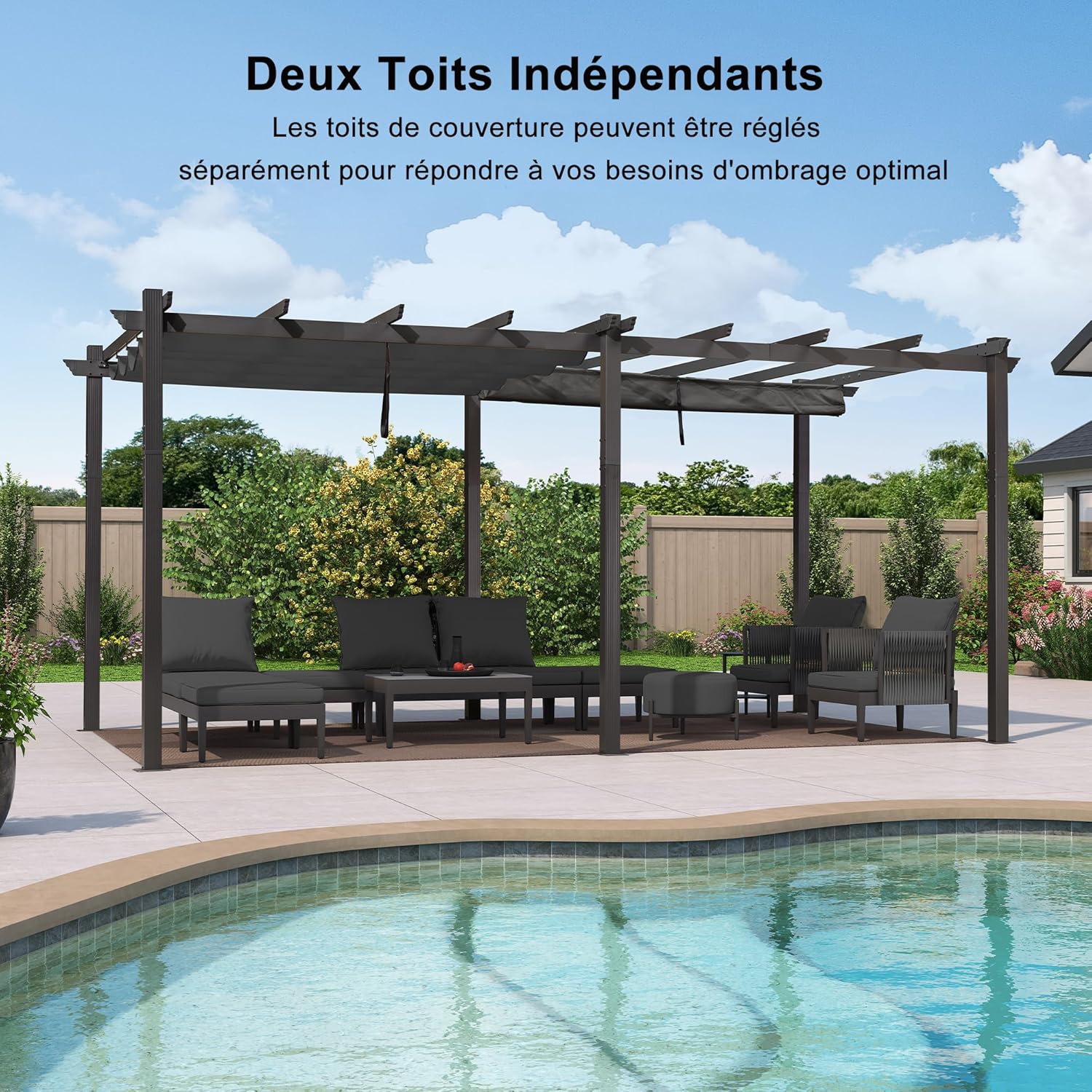 PURPLE LEAF - Pergola Aluminium - 5,5 x 3,5 m - Toit coulissant, tissu teint en fil, gris