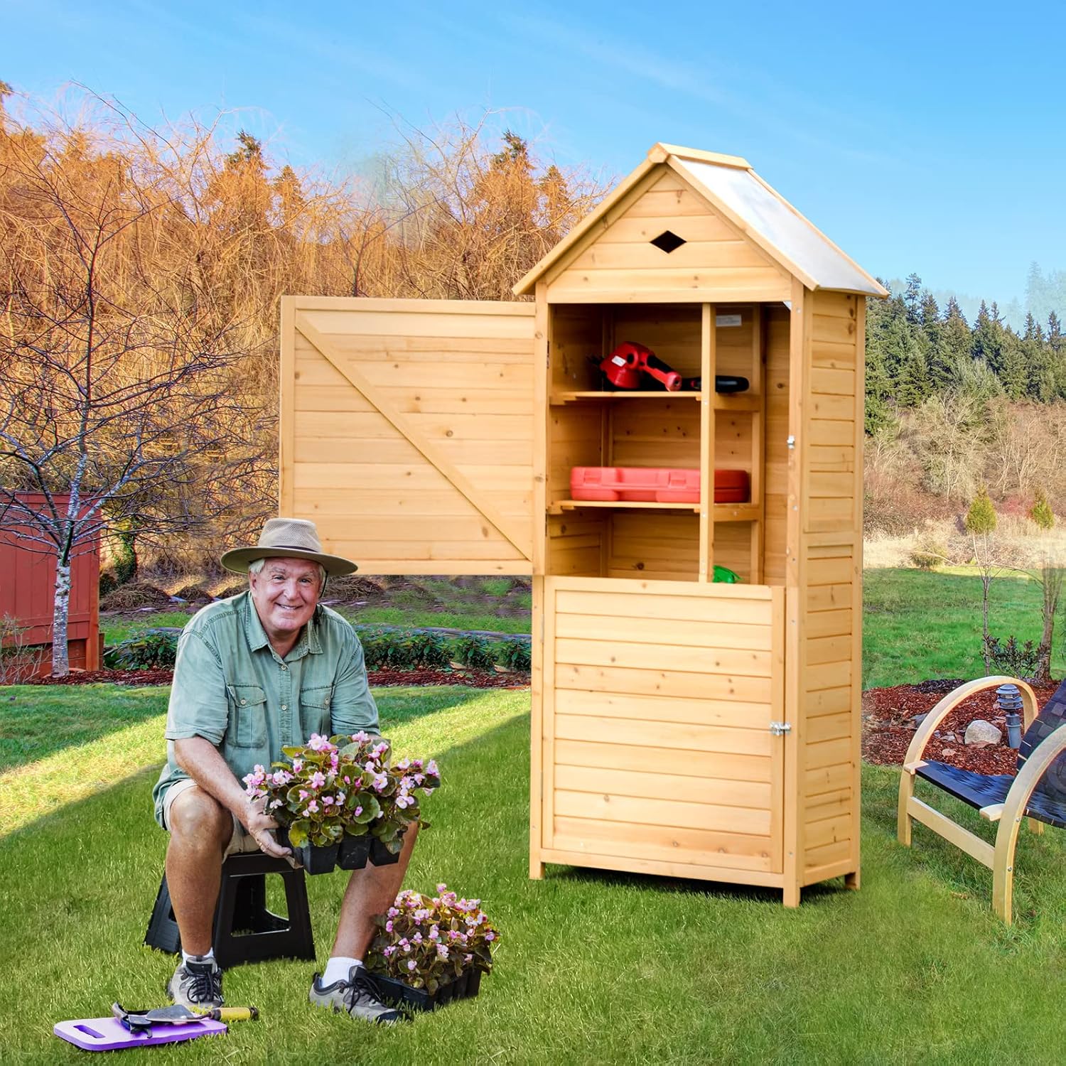 RELAX4LIFE - abri jardin bois - 80x45x177 cm - 5 étagères, porte verrouillable, toit galvanisé