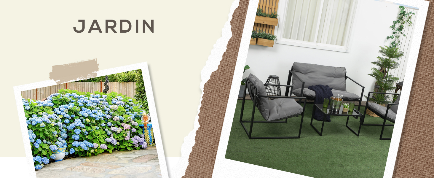 Image divisée sur le thème du jardin montrant des fleurs d'hortensia bleues et un patio extérieur avec des meubles gris et