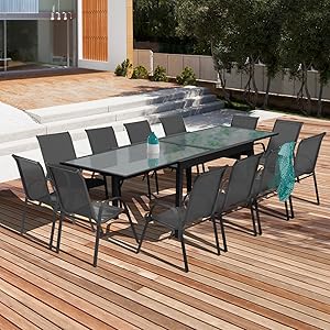Salon de jardin MADRID extensible table 135/270 cm et 12 chaises gris foncé