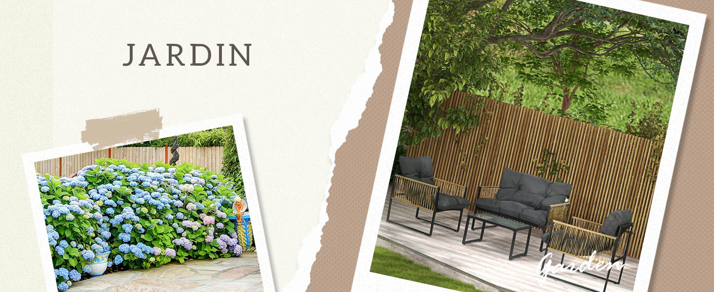 : hortensias bleus en fleurs et mobilier de jardin extérieur avec coussins gris sur fond de clôture en bambou