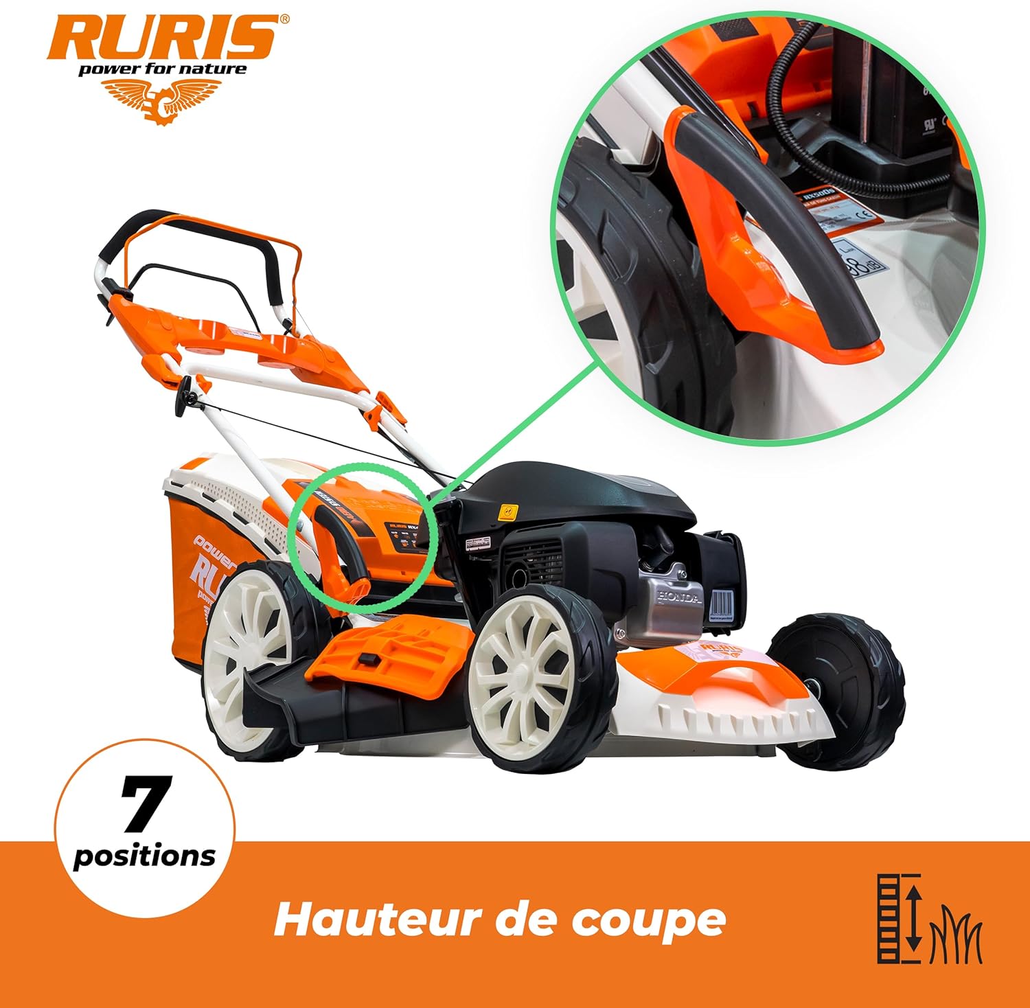 RURIS - RX444S - 510 mm - Tondeuse thermique Honda 4,6 CV, 65L, 5 fonctions