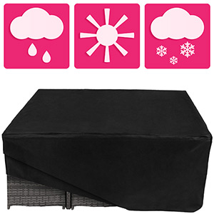 avec des icônes pour la protection contre la pluie, le soleil et la neige. Grande housse rectangulaire noire pour mobilier ou équipement.