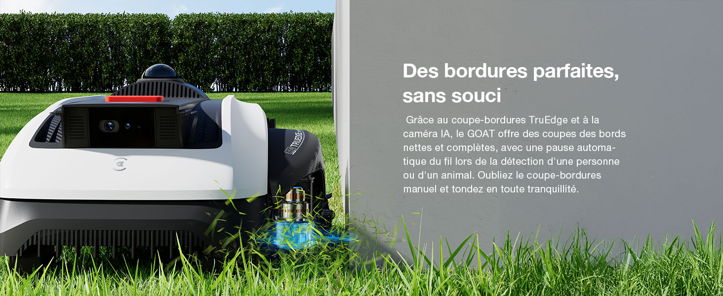 Le texte se lit comme suit : « Des bordures parfaites, sans souci ». Images d'un outil de bordure de pelouse utilisé sur une bordure de gazon, illustrant la technique d'entretien de la pelouse.