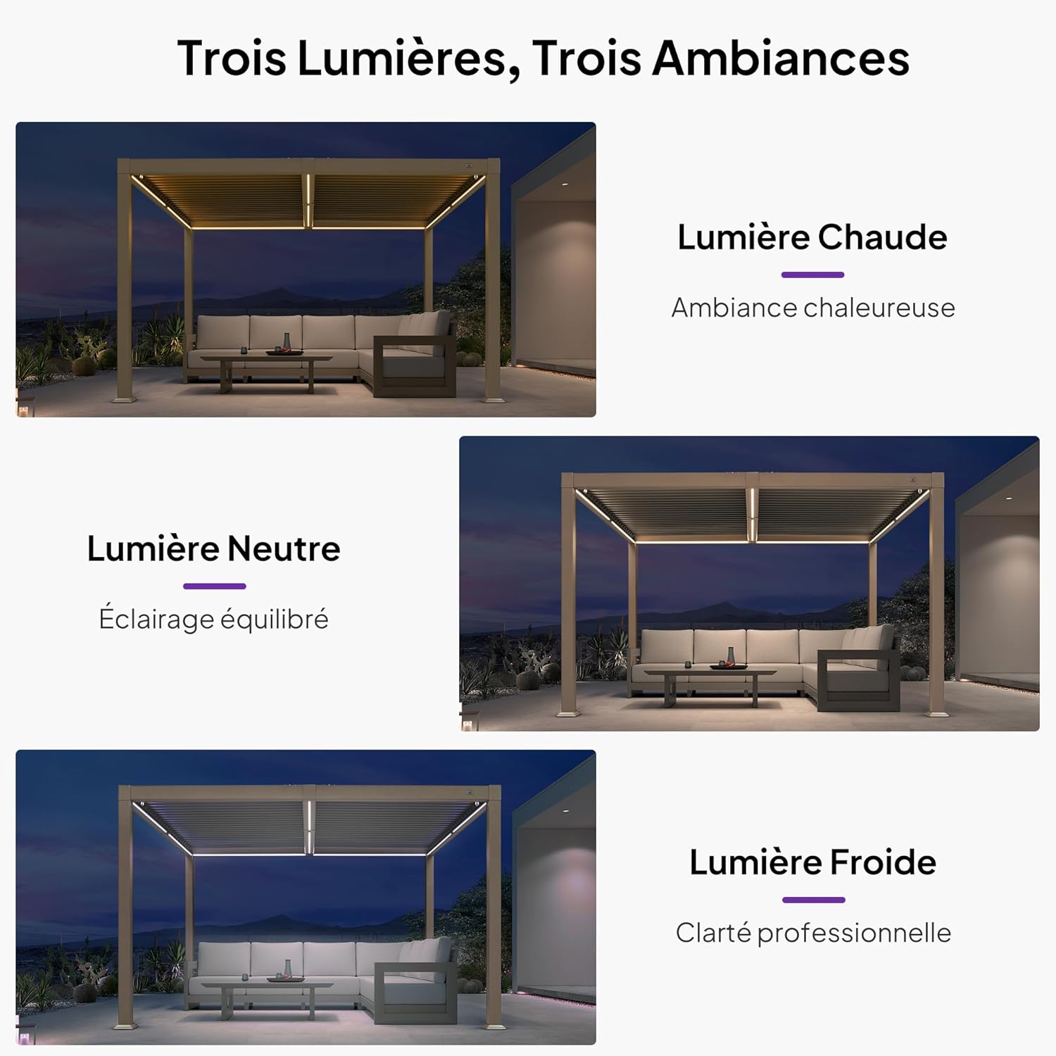 PURPLE LEAF - pergola bioclimatique LED - 3x3,65m - alu, lames orientables, étanche
