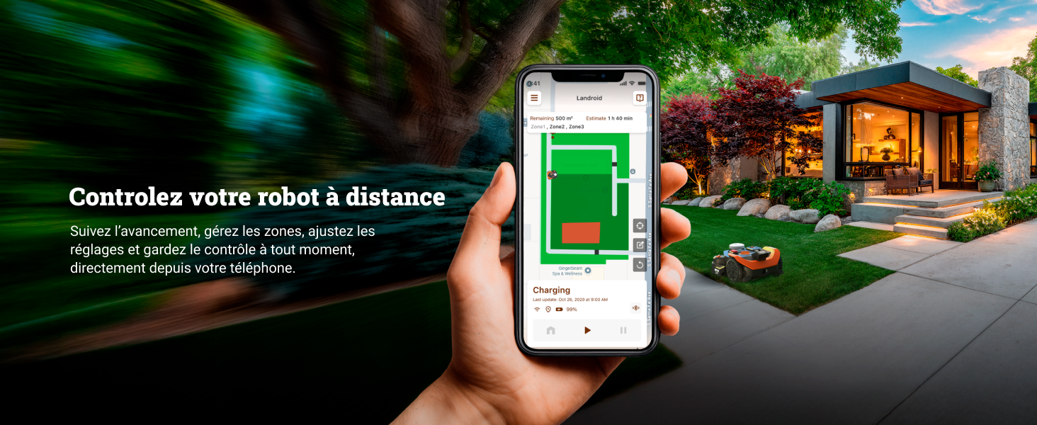 Le texte se lit comme suit : « Contrôlez votre robot à distance ». Image divisée montrant un smartphone avec interface d'application et une maison moderne illuminée avec aménagement paysager la nuit.