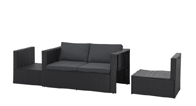 comprenant un canapé en osier de couleur foncée avec coussins et une chaise assortie. Convient pour une utilisation sur la terrasse ou le jardin.
