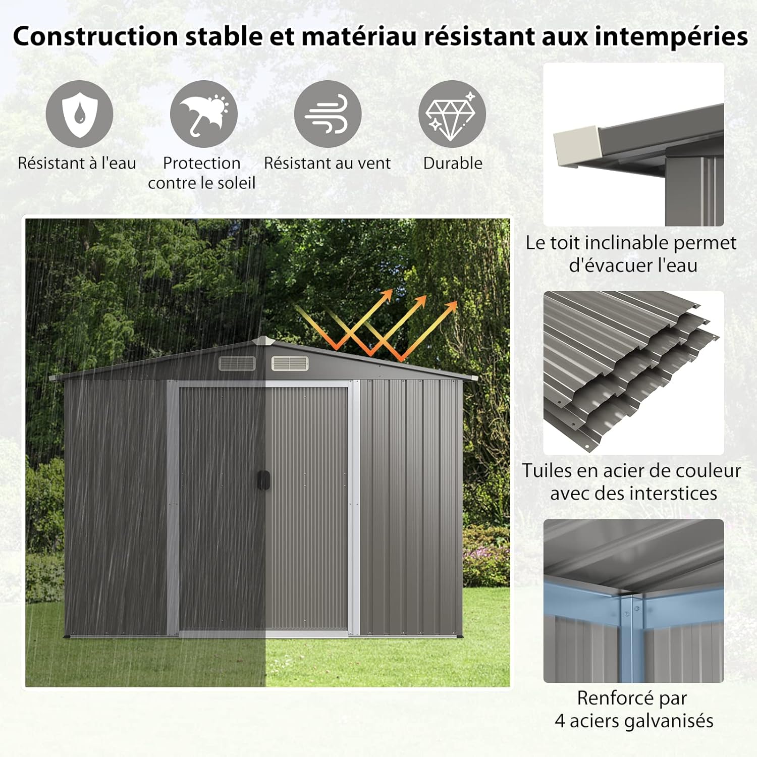 COSTWAY Abri de Jardin 4.7㎡en Acier Galvanisé Anti-UV, 260 x 207 x 181 CM, Cabane de Jardin Exterieur 9.7 m³ avec Fondation et Porte Coulissante, Rampe, 4 Trous d’Aération, 4 Gants Inclus, Gris Foncé