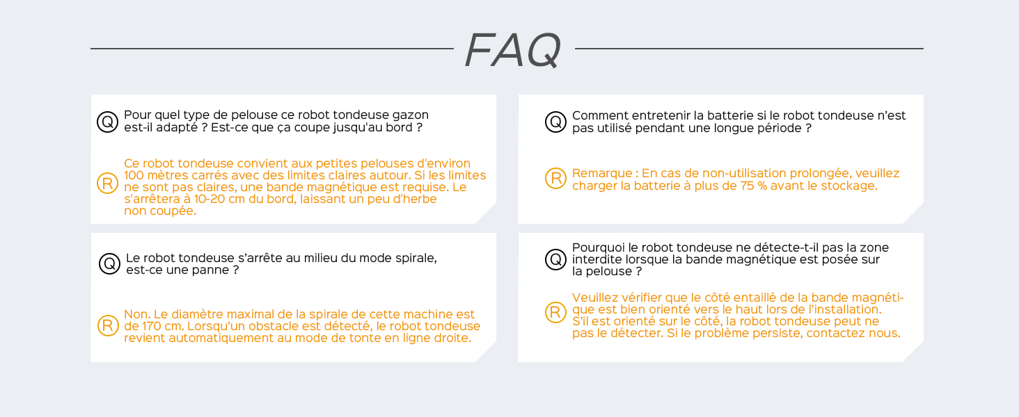 Le texte indique « FAQ » comme titre. Page FAQ avec quatre paires de questions et réponses affichées dans des blocs de texte gris et orange alternés. Les questions et réponses portent sur les informations sur les produits et les détails d'utilisation.