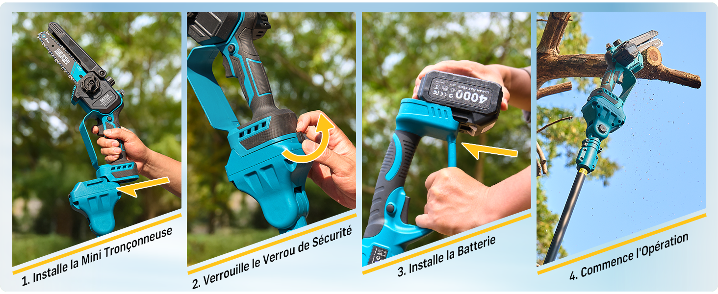 Quatre photos d'action séquentielles d'un enfant utilisant un outil ou un appareil électrique extérieur bleu et jaune, montrant le produit tenu, actionné et utilisé à l'extérieur avec des arbres et un fond de ciel.