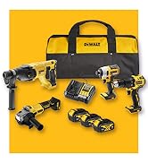 Le texte indique « DEWALT ». Sac à outils jaune et noir avec fond jaune contenant un kit complet de perceuse/visseuse sans fil comprenant plusieurs perceuses, des visseuses à percussion, des batteries, un chargeur et une mallette de transport.