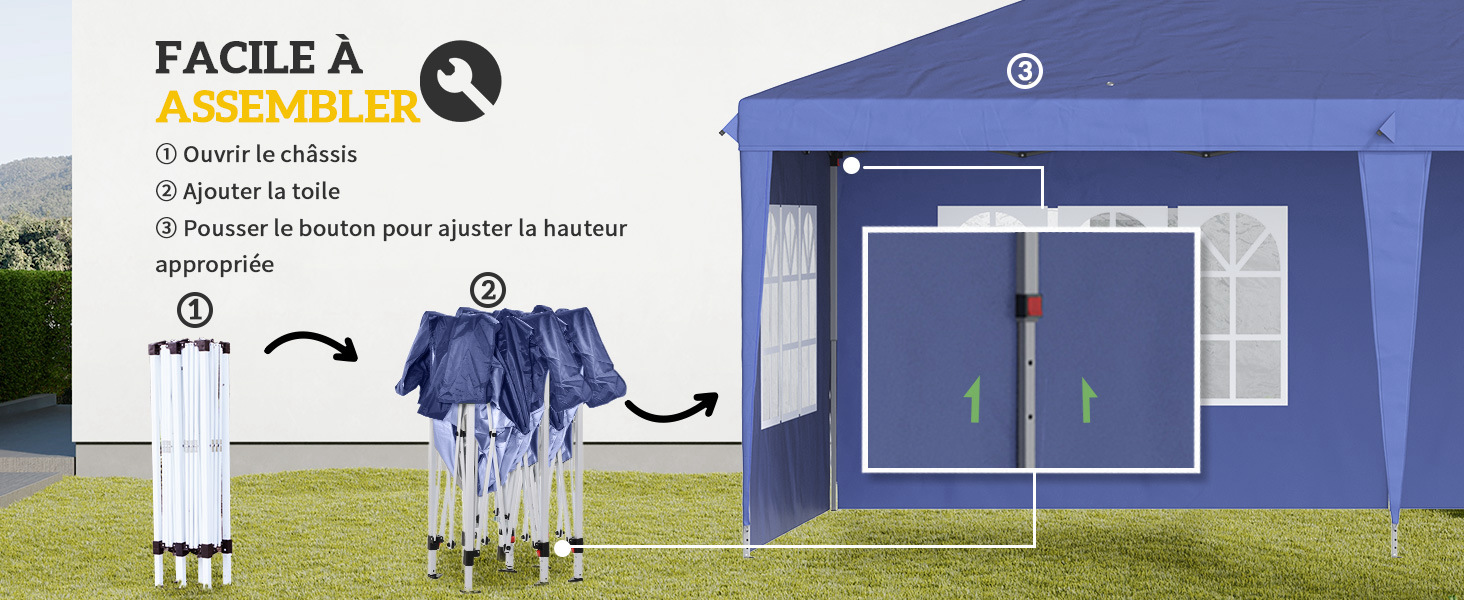 avec instructions de montage. Les caractéristiques comprennent une installation facile, une hauteur réglable et des panneaux latéraux. Montré partiellement assemblé et entièrement érigé sur l'herbe.
