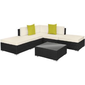 en blanc crème avec base en osier noir, comprenant pouf et table basse et coussins décoratifs vert citron