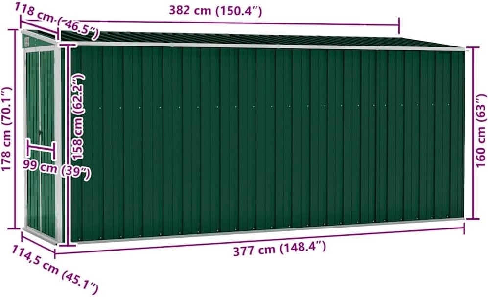 Générique Abri de Jardin Mural Vert 118x382x178 cm Acier galvanisé,Structures extérieures, Cabanes & abris de Jardin,316229