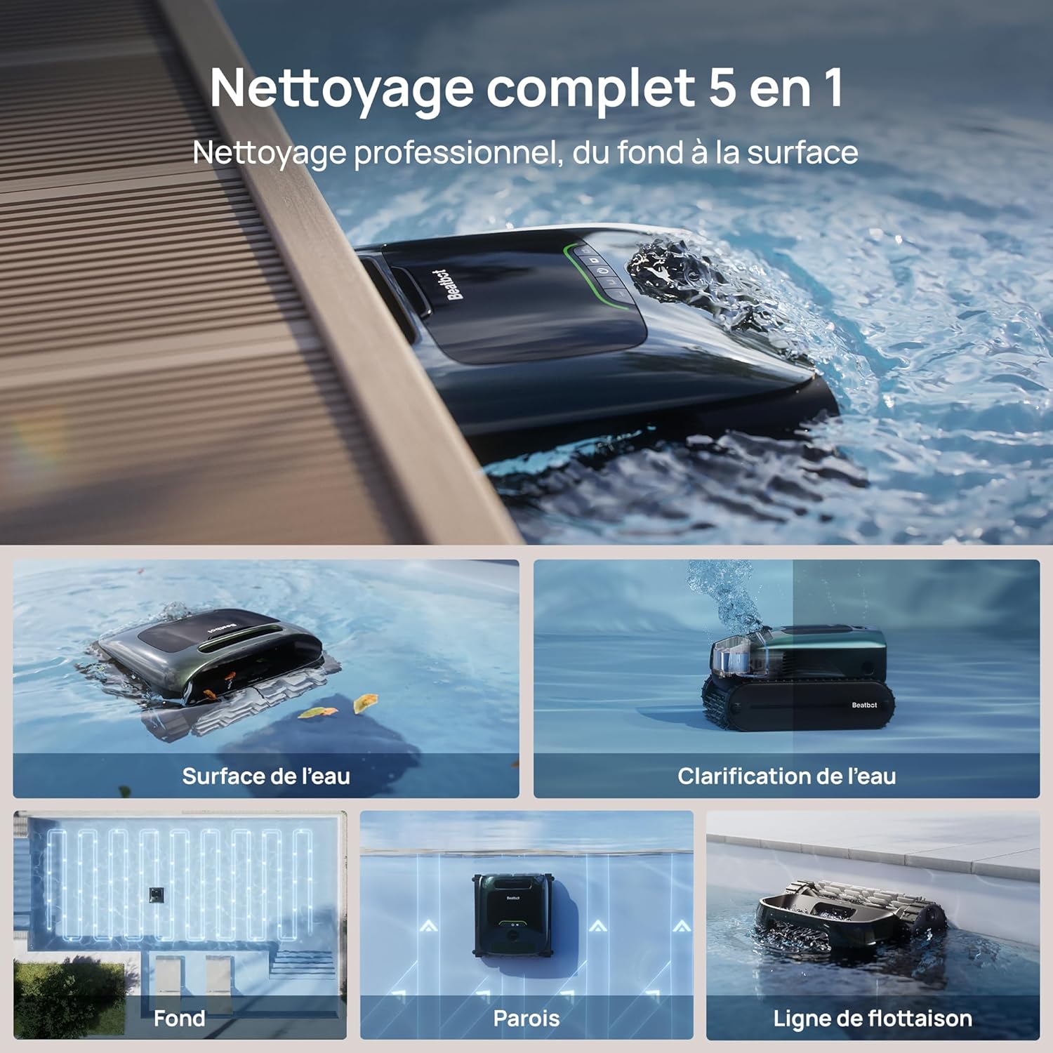 Beatbot AquaSense 2 Pro Robot Piscine sans Fil, nettoie Le Fond, Parois et flottaison, Aspirateur Piscine avec Remontée Automatique, jusqu'à 11 Heures, pour piscines jusqu'à 360 m²