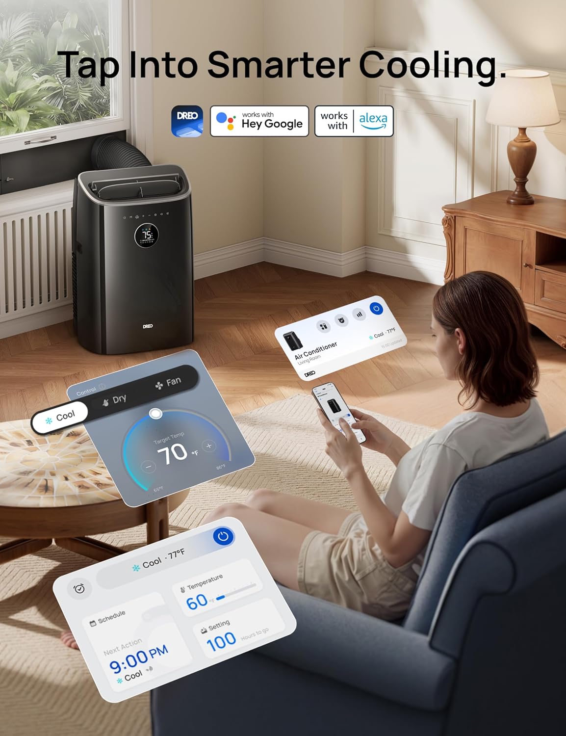 Dreo - Portable AC série - compact - 46dB silencieux, timer, appli, déshumidificateur