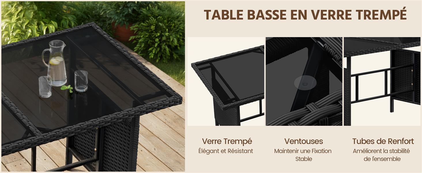 Le texte indique « TABLE BASE EN VERRE TREMPÉ » avec des étiquettes indiquant « Verre Trempé », « Verrouillage » et « Tubes de revêtement ». Table d'extérieur noire avec plateau en verre trempé et éléments de structure en métal affichés avec des légendes détaillées.