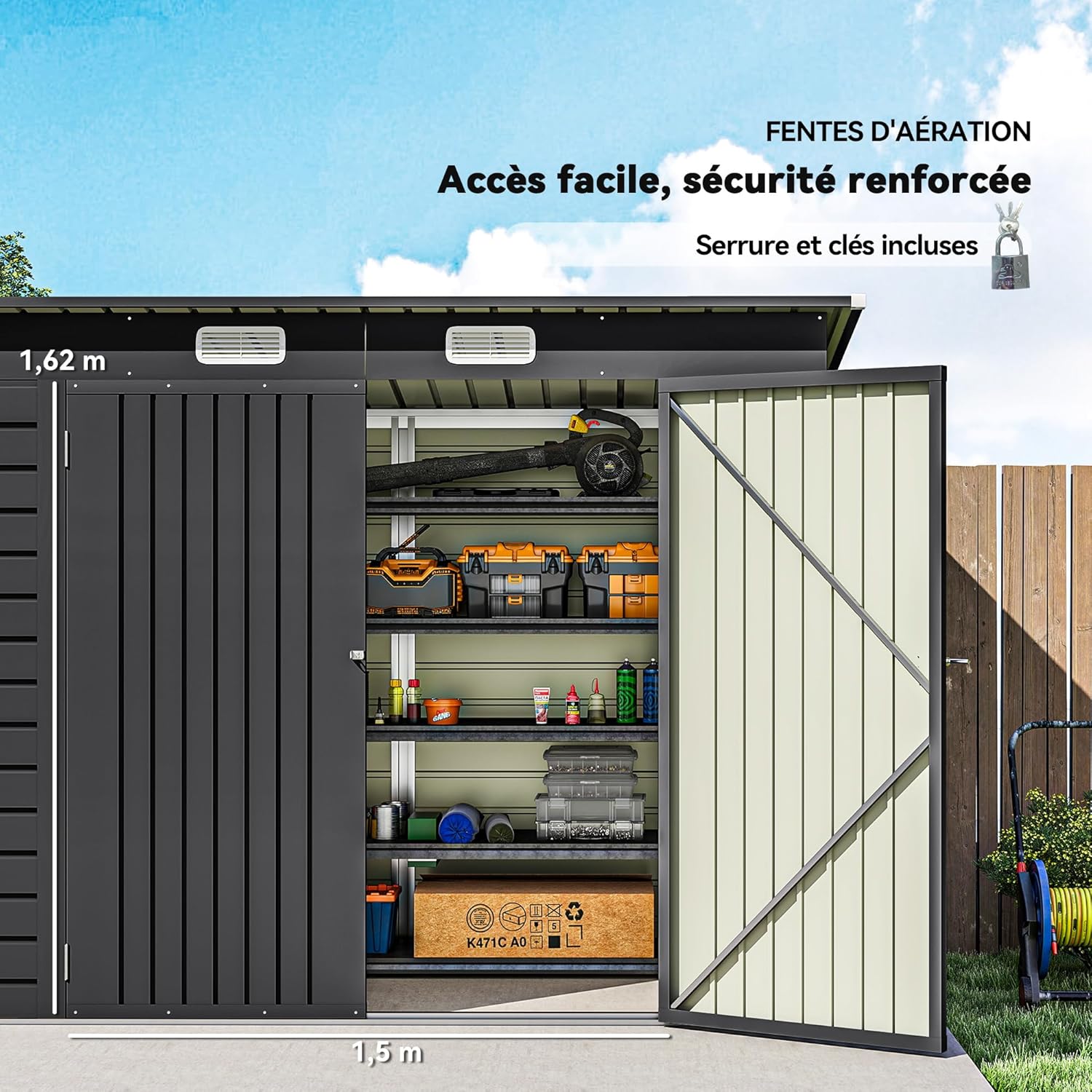 abri de jardin métal 3 m² - acier, portes verrouillables, aération, gants - 249x121x183 cm