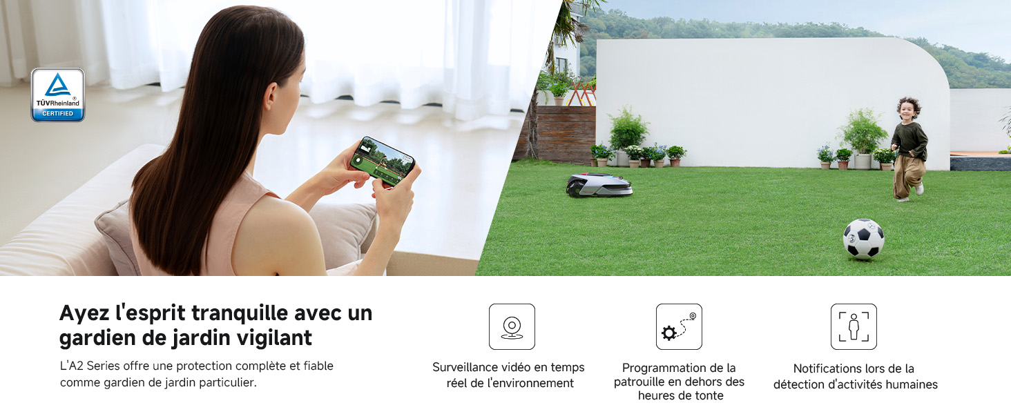 Le texte indique « Arca riego automático avec capteur de poids intelligent » (système d'arrosage automatique intelligent avec capteur de poids). Personne utilisant un système d'arrosage de jardin intelligent avec un appareil mobile ; terrain extérieur avec ballon de football visible.