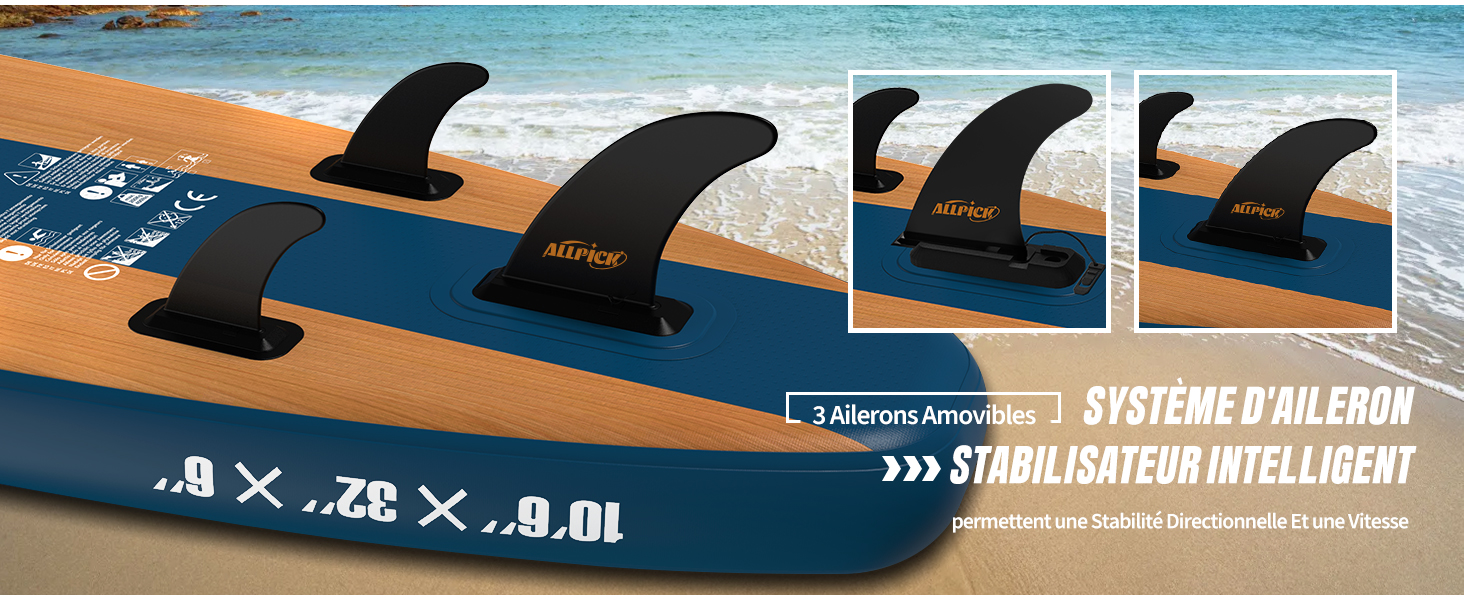 Ensemble de palmes de planche de surf de différentes tailles. Palmes noires affichées sur une planche de surf orange, avec plusieurs options d'ailerons affichées séparément.