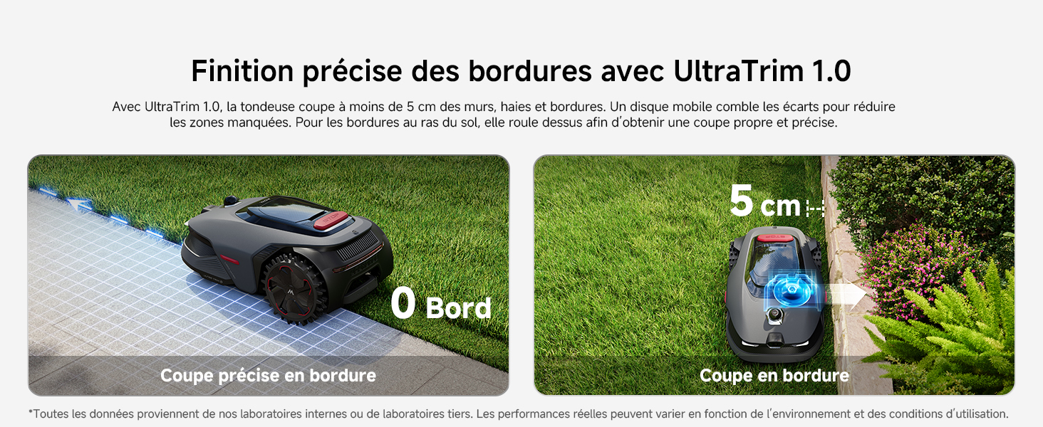 Le texte se lit comme suit : « Fixation précise des bordures avec UltraTrim 1.0 ». Image divisée montrant l'installation d'une bordure de jardin avec 5 mm et aucune mesure de barrière indiquée.