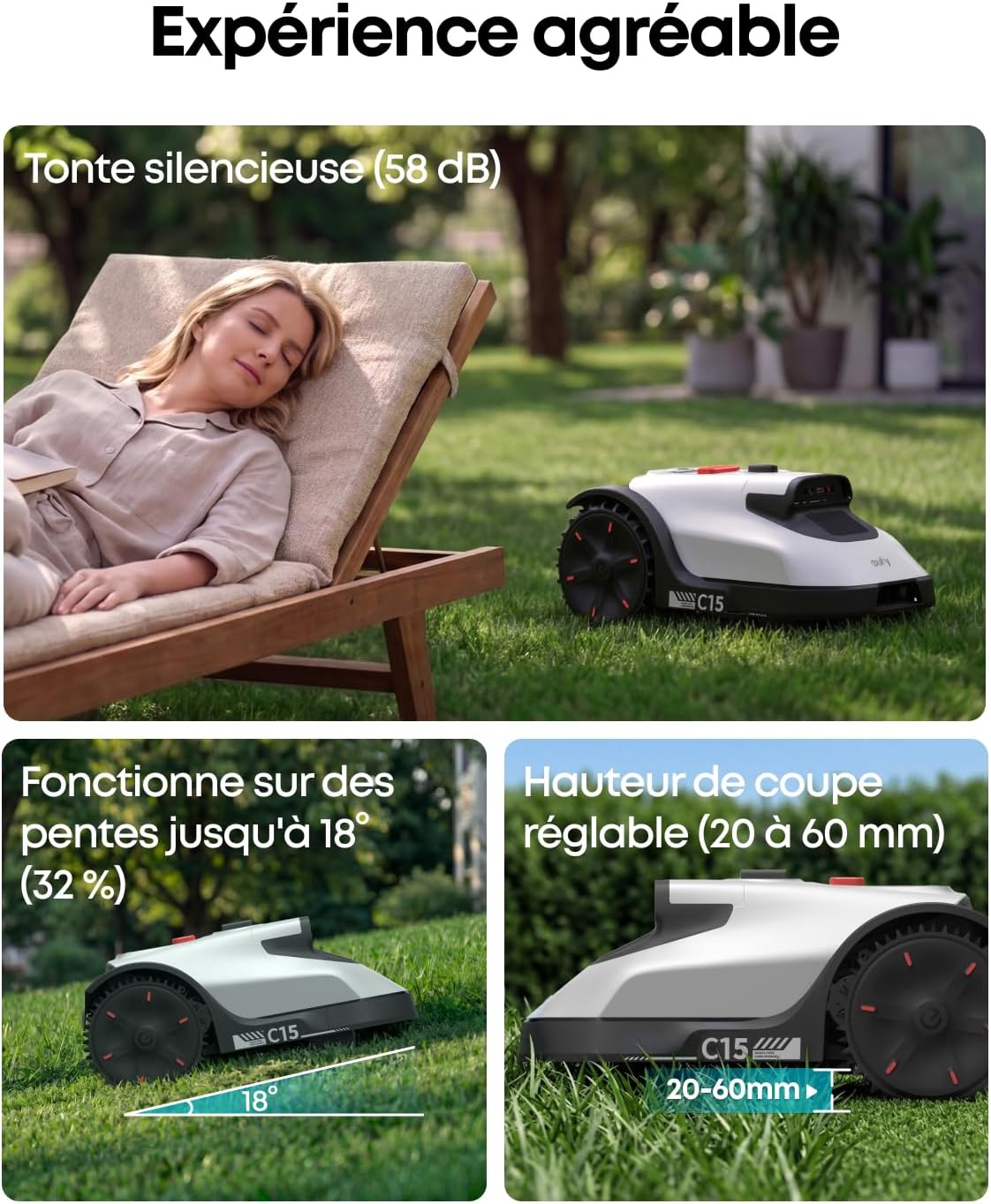 eufy - C15 robot tondeuse - 500 m² - garage, sans fil, détection obstacles, Ride-On-Edge