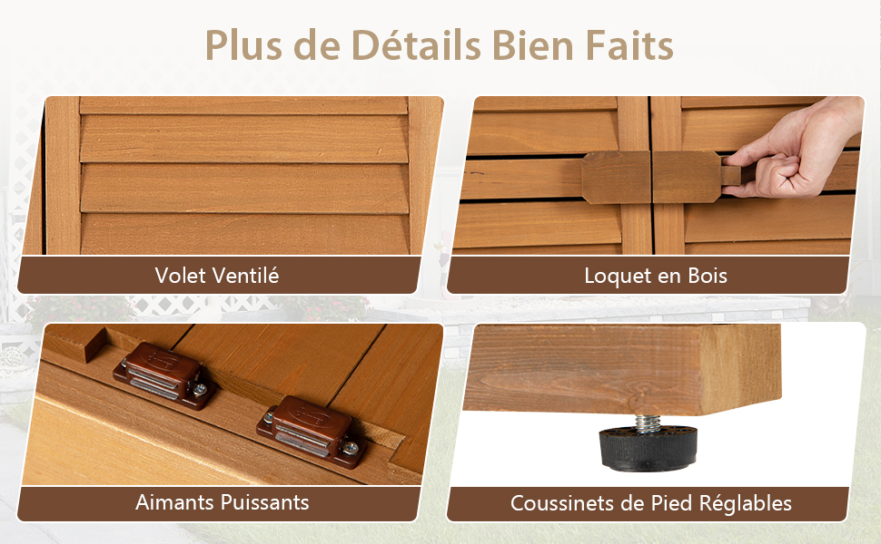 Quatre détails de mobilier en bois : panneau ventilé, loquet en bois, aimants puissants et pieds réglables. Le texte français étiquette chaque caractéristique.