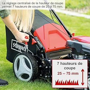 avec hauteurs de coupe réglables de 25 à 75 mm. Comprend un contrôle centralisé de la hauteur et de grandes roues. La main de la personne est visible sur la poignée.