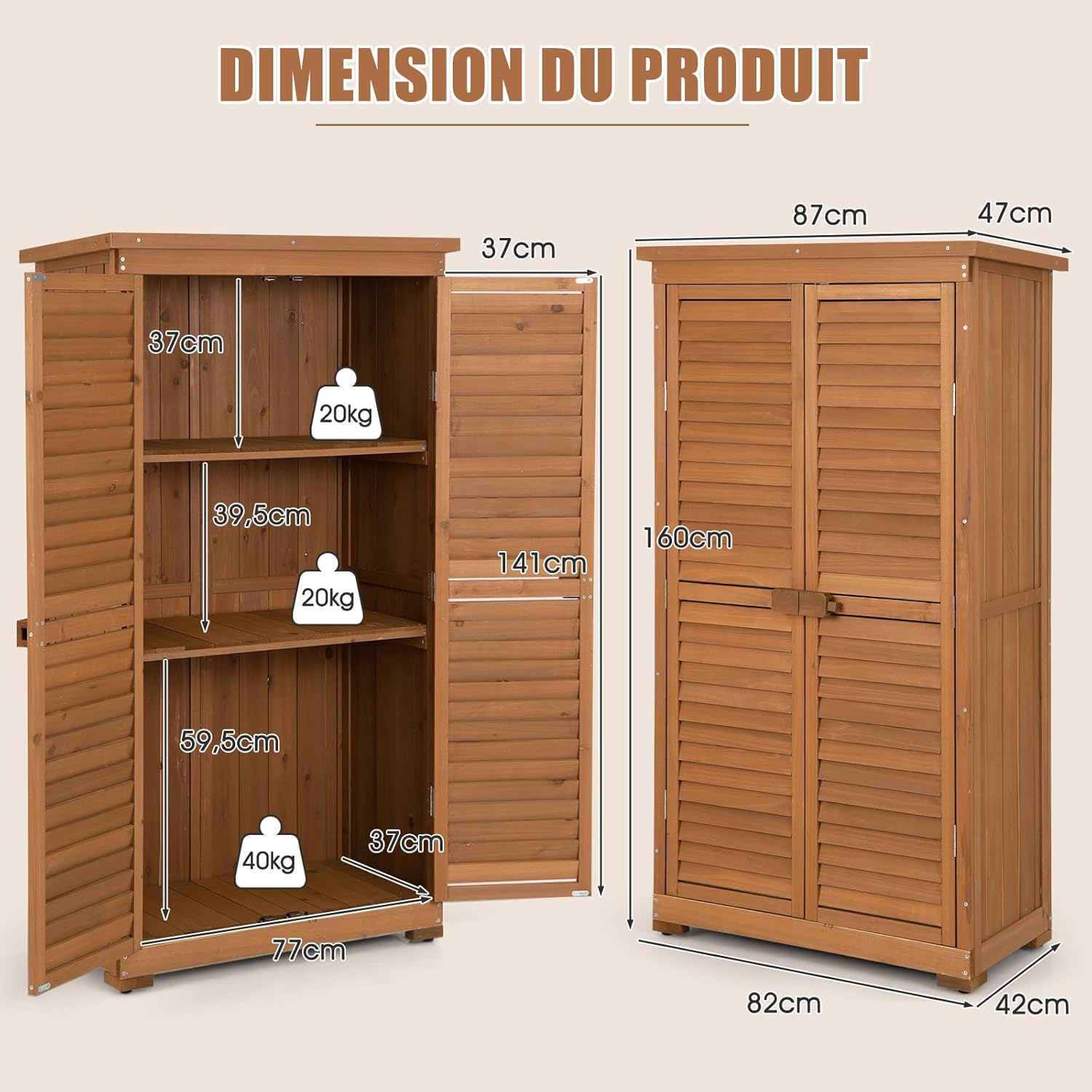 COSTWAY - Abri de jardin 160 cm - Bois, toit asphalte, 2 portes verrouillables, étagères amovibles