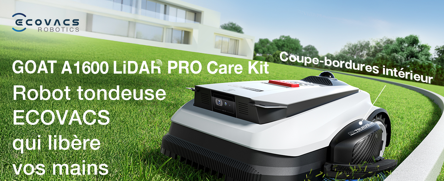 Texte : « ECOVACS », « Kit d'entretien GOAT A1800 LIDAR PRO », « Robot tondeuse ». Images marketing d'un produit de tondeuse à gazon robotisée avec diverses démonstrations de fonctionnalités.