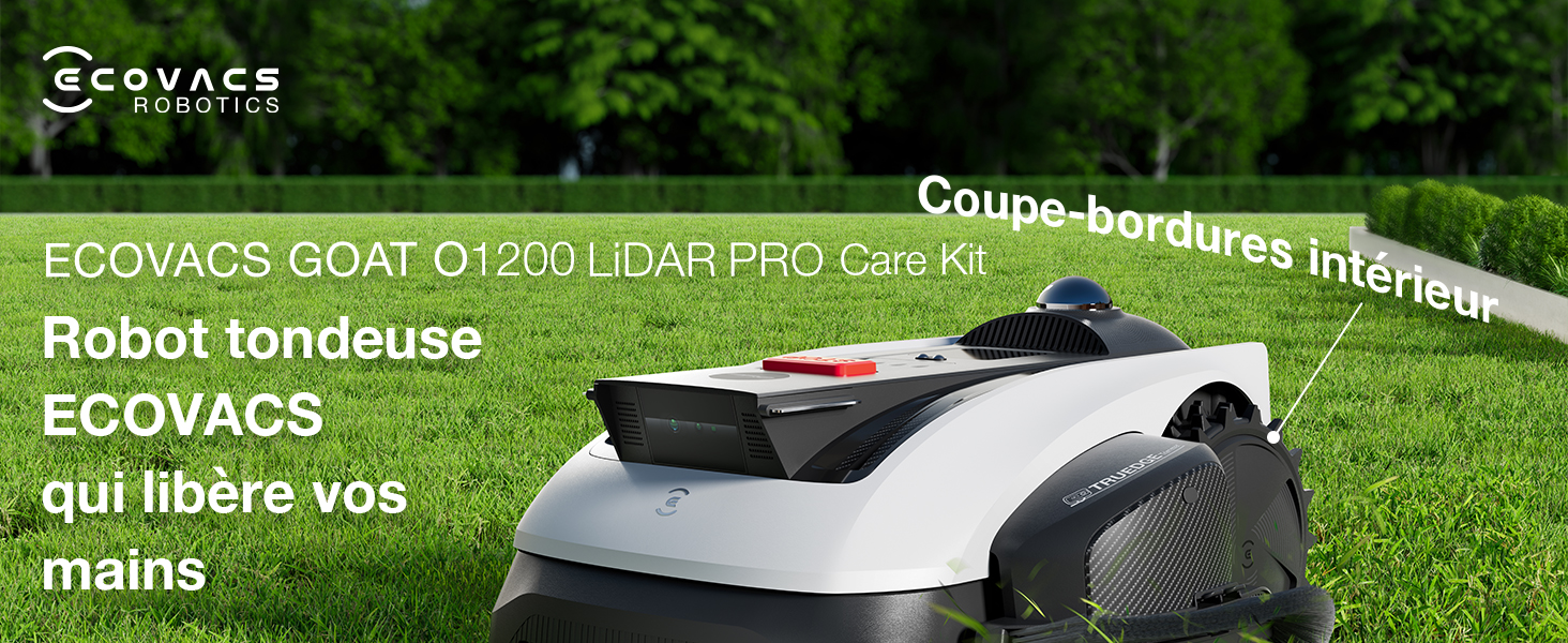Le texte se lit comme suit : « Robot tondeuse ECO/AVCS qui libère vos mains ». Tondeuse à gazon robotique blanche sur gazon vert avec le logo de l'entreprise visible.