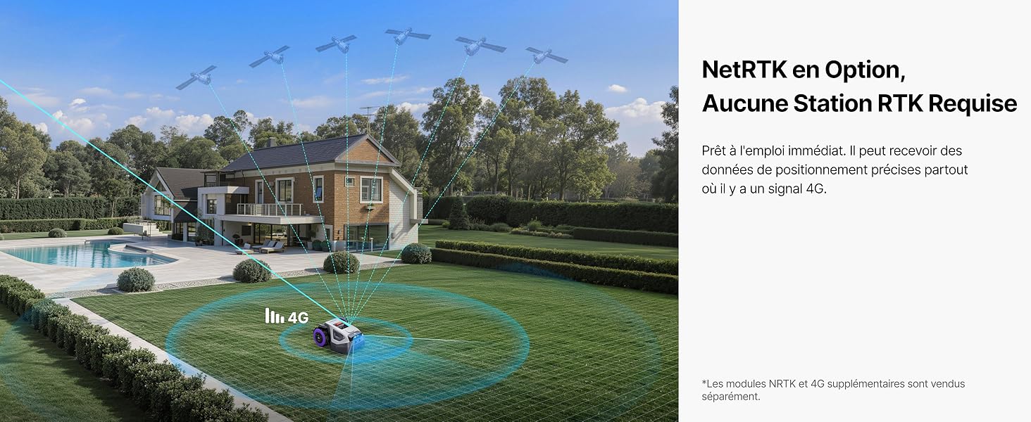 Le texte indique « NetRTC en Opción, Asucare Statión RTX Resolvos » avec des spécifications supplémentaires. Extérieur de la maison moderne avec piscine incurvée, pelouse verte et aménagement paysager à la lumière du jour.