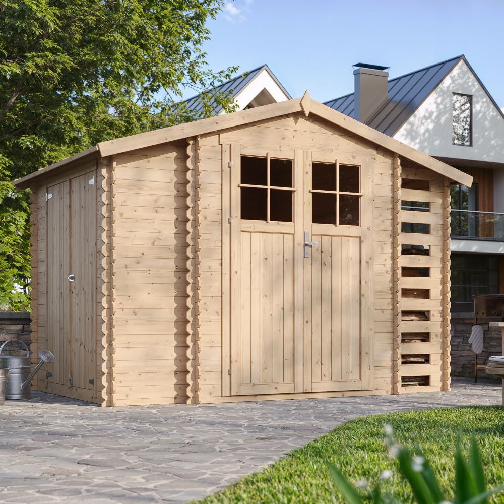 TIMBELA - M389F - abri jardin bois 206x328x218 cm, range bûches, stockage extérieur M389F