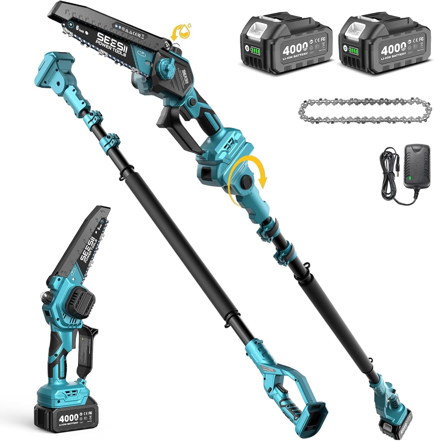 SEESII 2-in-1 Elagueuse sur Perche, Mini Tronçonneuse Brushless 6 Pouces avec 2 x 4000 mAh Batteries, Coupe Branche Telescopique, Portée 4,87 M, Idéal Extérieur & Jardinage