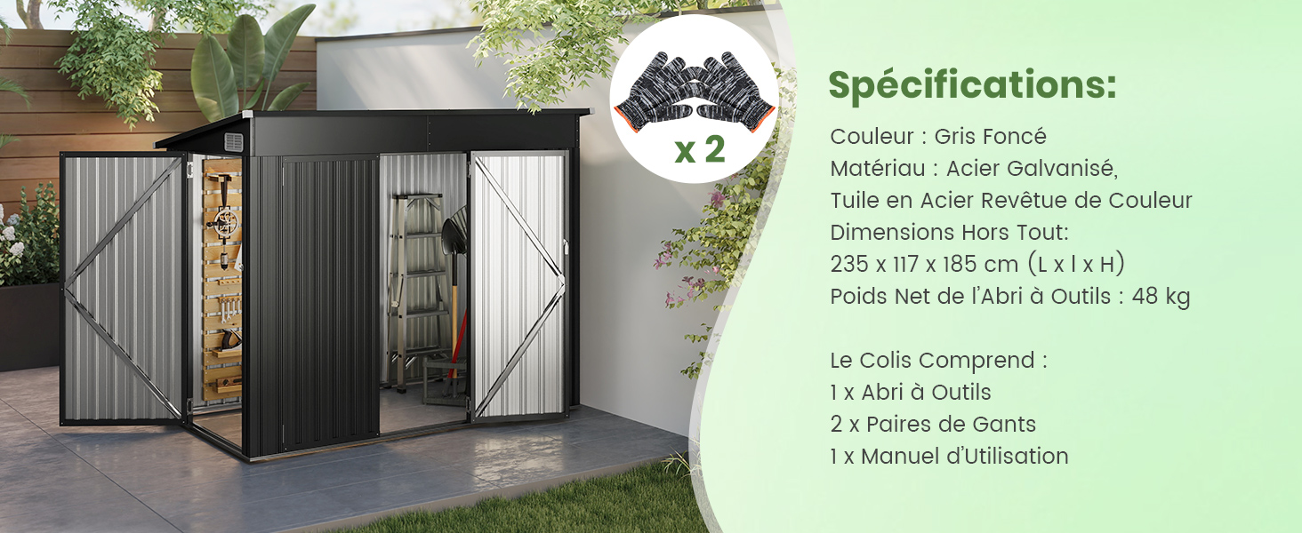 Le texte indique « Spécifications : » suivi de détails techniques dans un panneau vert clair. Montre une installation de portail ou de porte moderne avec cadre métallique contre un mur blanc.